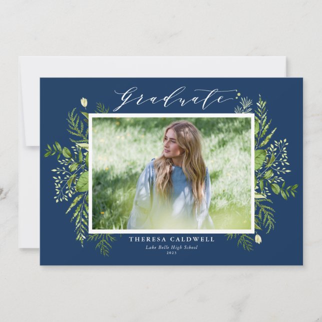 Watercolor Foliage Blue Photo Graduation Announcement (Front)