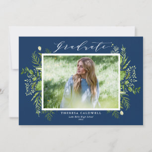 Watercolor Foliage Blue Photo Graduation Announcement