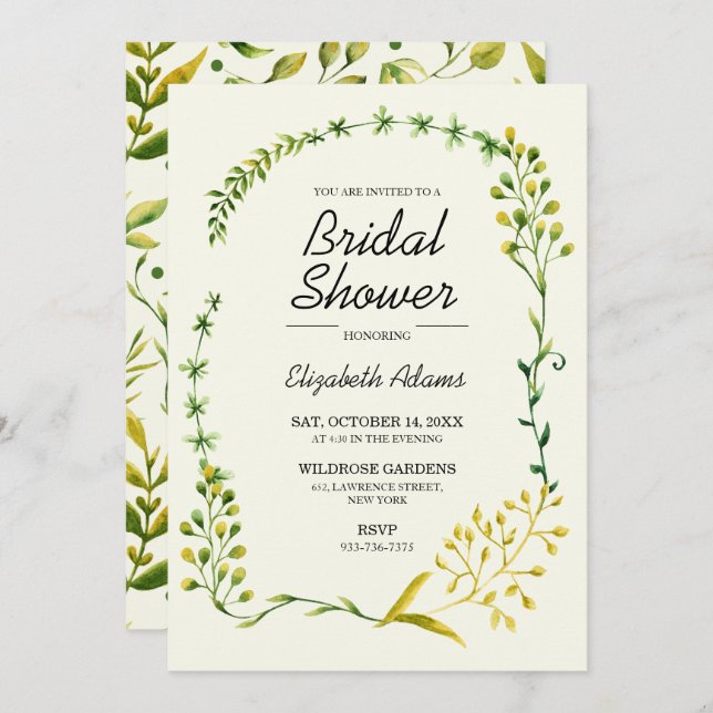 Watercolor Foliage Delicate Herbs Bridal Shower Invitation (Front/Back)