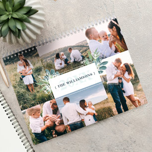 Watercolor Foliage Family Photo Collage & Monogram Calendar