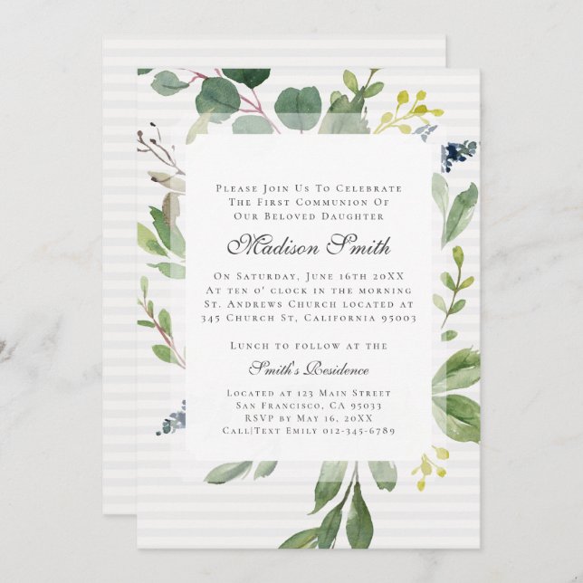 Watercolor Foliage First Communion Invitation (Front/Back)