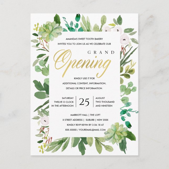 WATERCOLOR FOLIAGE FRAME GRAND OPENING CEREMONY POSTCARD (Front)