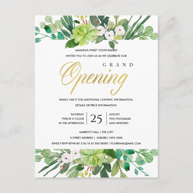 WATERCOLOR FOLIAGE FRAME GRAND OPENING CEREMONY POSTCARD (Front)