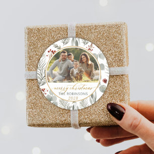 Watercolor Foliage Gold Script Photo Christmas  Classic Round Sticker