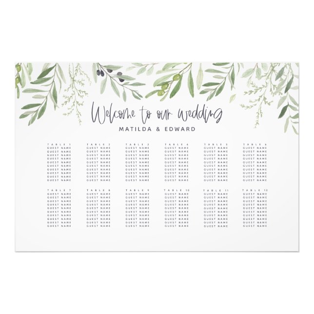 Watercolor foliage green wedding seating plan photo print (Front)