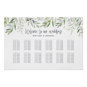 Watercolor foliage green wedding seating plan poster