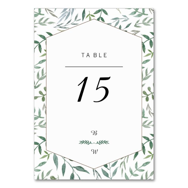 Watercolor Foliage Greenery Wedding Table Number (Front)