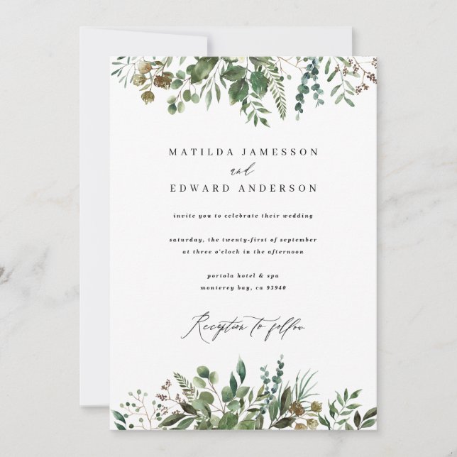 Watercolor foliage leaf green botanical wedding announcement (Front)