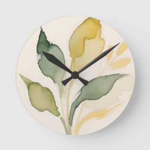 Watercolor Foliage Leaves Sage Gold Round Clock