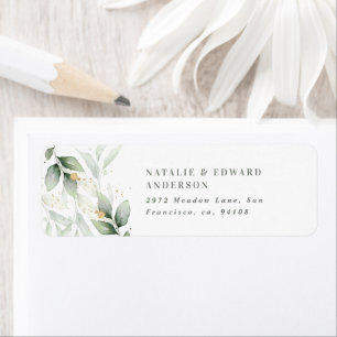 Watercolor foliage, metallic gold etherial modern return address label