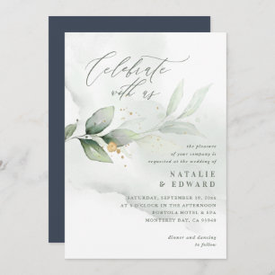 Watercolor foliage, navy blue and gold wedding