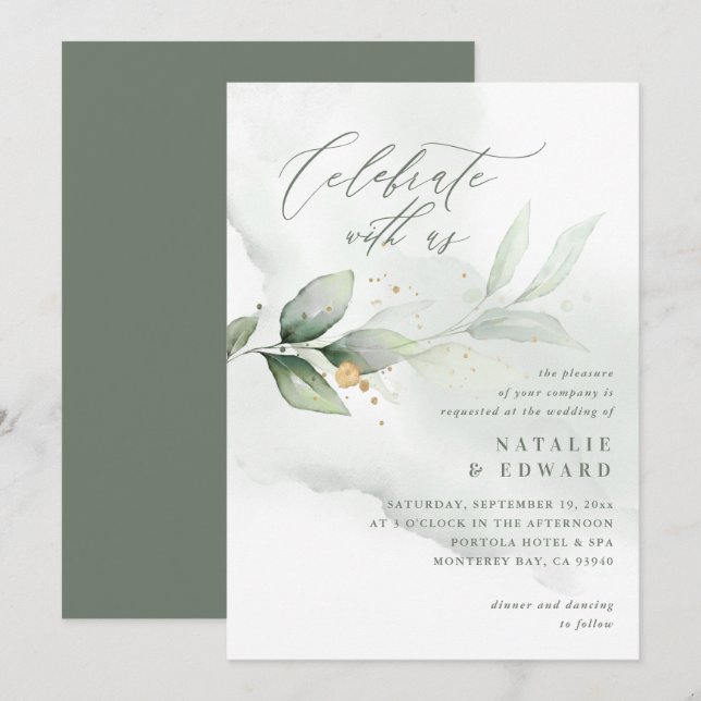 Watercolor foliage, olive green and gold wedding (Front/Back)