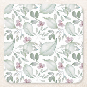 Watercolor foliage pattern greenery  square paper coaster