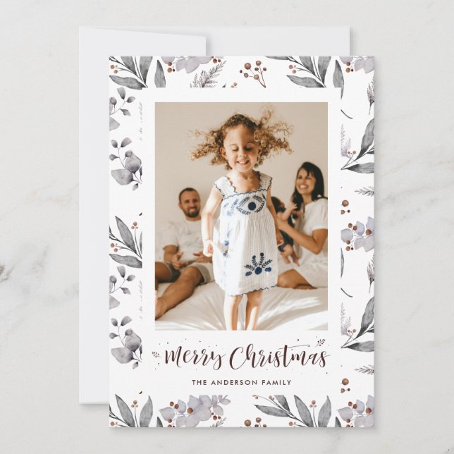 Watercolor Foliage Photo Merry Christmas Card (Front)