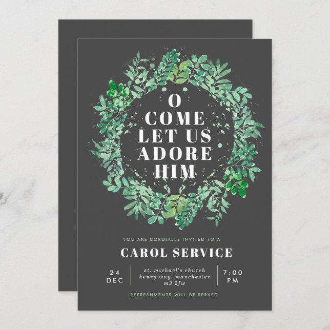 Watercolor Foliage Wreath Church Christmas Service Invitation (Front/Back)