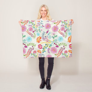 Watercolor Folk Flowers - Customisable Fleece Blanket