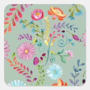 Watercolor Folk Flowers - Customisable Square Sticker