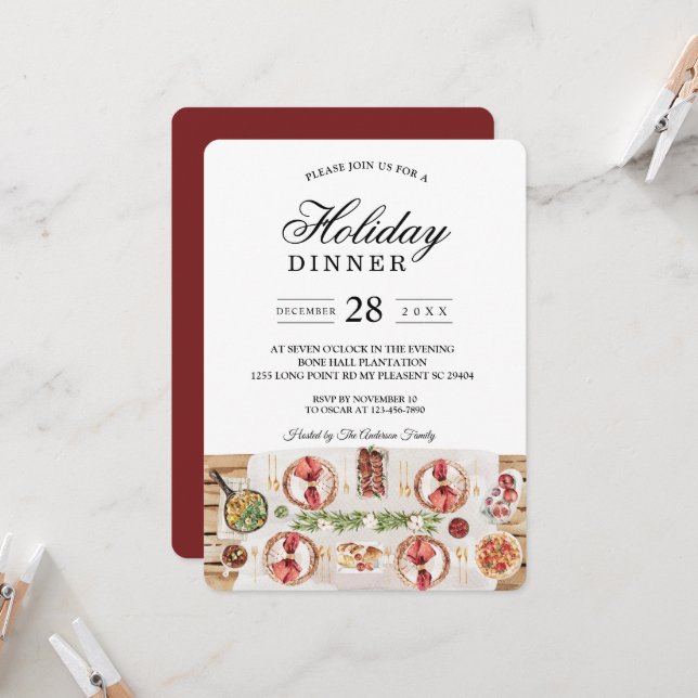 Watercolor Food Table | Holiday Dinner Invitation (Front/Back In Situ)