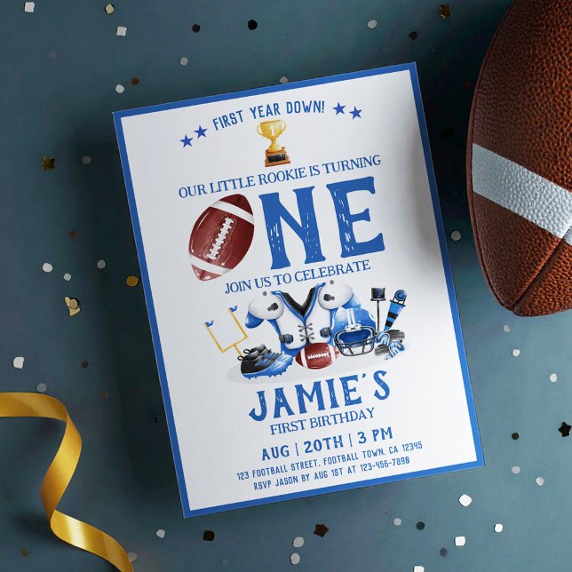 Watercolor Football All Star Blue 1st Birthday Invitation (Creator Uploaded)