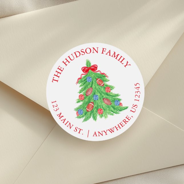 Watercolor Football Christmas Tree Address Classic Round Sticker (Creator Uploaded)