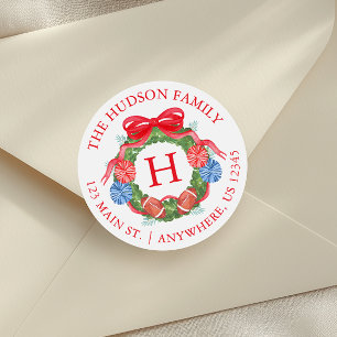 Watercolor Football Christmas Wreath Monogram Classic Round Sticker