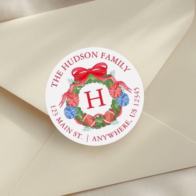 Watercolor Football Christmas Wreath Monogram Classic Round Sticker (Creator Uploaded)