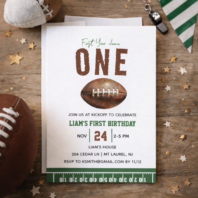 Watercolor Football First Year Down  1st Birthday Invitation (Watercolor Football First Year Down 1st Birthday Invitation
)