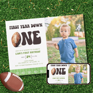 Watercolor Football First Year Down 1st Birthday Invitation