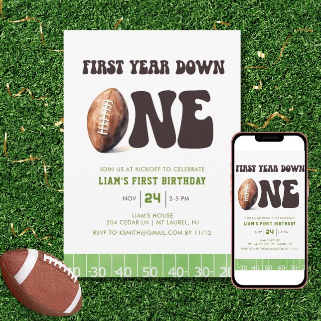 Watercolor Football First Year Down 1st Birthday  Invitation (Creator Uploaded)