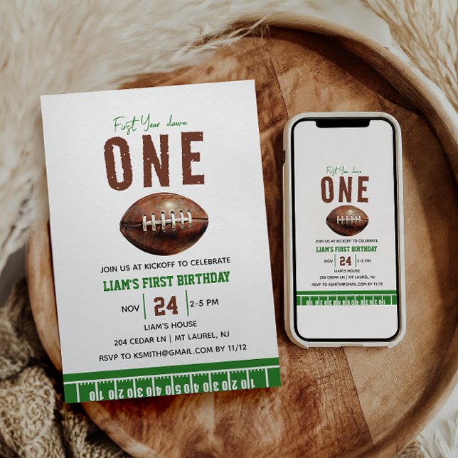 Watercolor Football First Year Down  1st Birthday Invitation (Creator Uploaded)