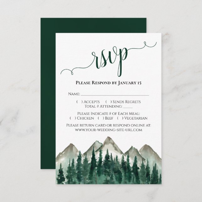 Watercolor Forest and Mountains Rustic Wedding RSVP Card (Front/Back)
