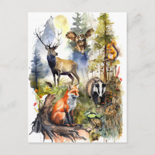 Watercolor Forest Animals Deer, Fox, Badger, and  Postcard