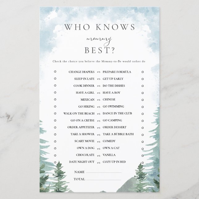 Watercolor Forest Baby Shower Mummy Game (Front)