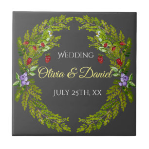 Watercolor forest berries wedding wreath ceramic tile