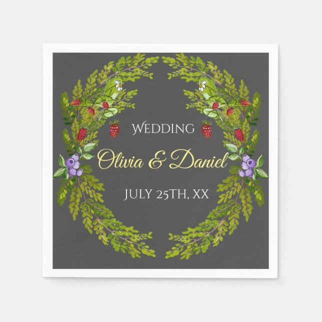 Watercolor forest berries wedding wreath napkin (Front)