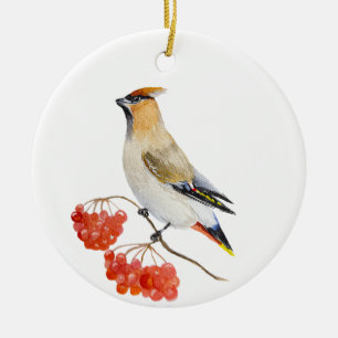 Watercolor forest bird waxwing ceramic ornament