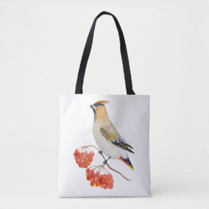 Watercolor forest bird waxwing tote bag