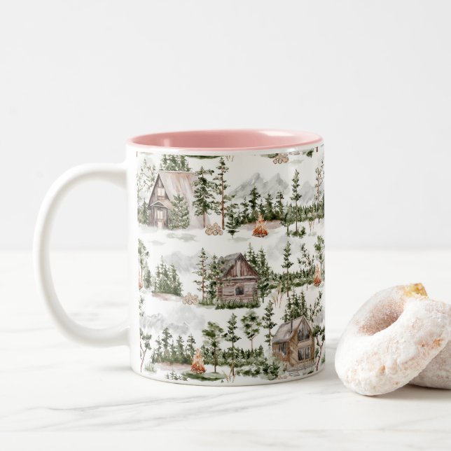 Watercolor Forest Cabin Pattern Two-Tone Coffee Mug (With Donut)