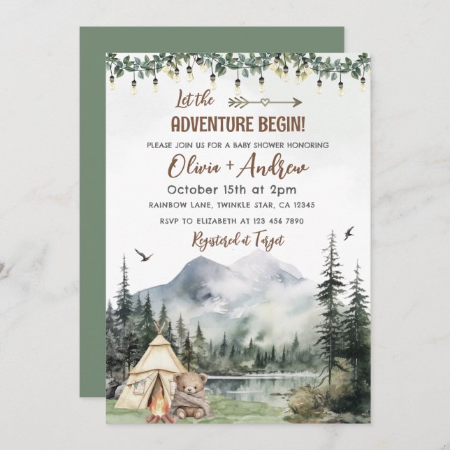 Watercolor Forest Camping Adventure Baby Shower Invitation (Front/Back)