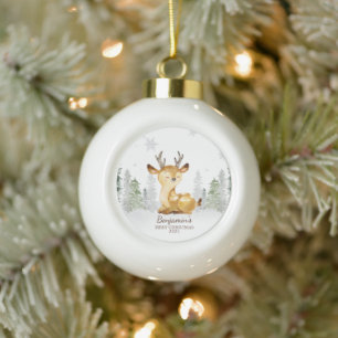 Watercolor Forest Deer Baby's First Christmas Ceramic Ball Christmas Ornament