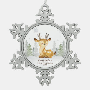 Watercolor Forest Deer Baby's First Christmas Snowflake Pewter Christmas Ornament