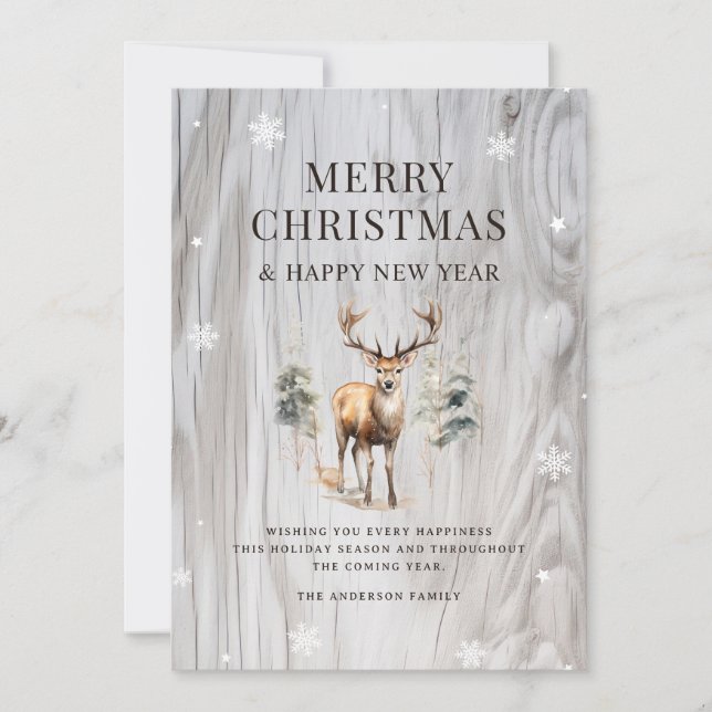 Watercolor Forest Deer Wood Snowflake Holiday Card (Front)