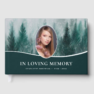 Watercolor Forest Green Photo Funeral Memorial Guest Book