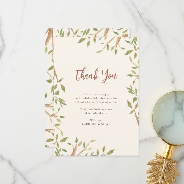 Watercolor Forest Greenery Baby Shower Thank You Card (Front/Back In Situ)