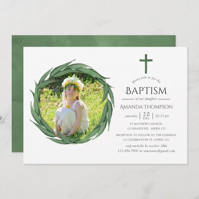 Watercolor Forest Greenery Baptism or Christening Invitation (Front/Back)