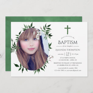 Watercolor Forest Greenery Baptism or Christening Invitation
