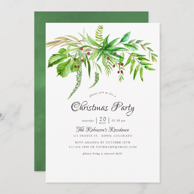Watercolor Forest Greenery Christmas Party Invitation (Front/Back)
