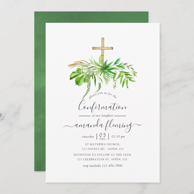Watercolor Forest Greenery Confirmation Invitation (Front/Back)