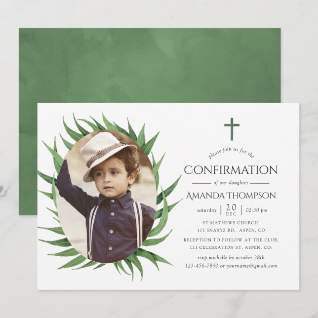 Watercolor Forest Greenery Confirmation Invitation (Front/Back)