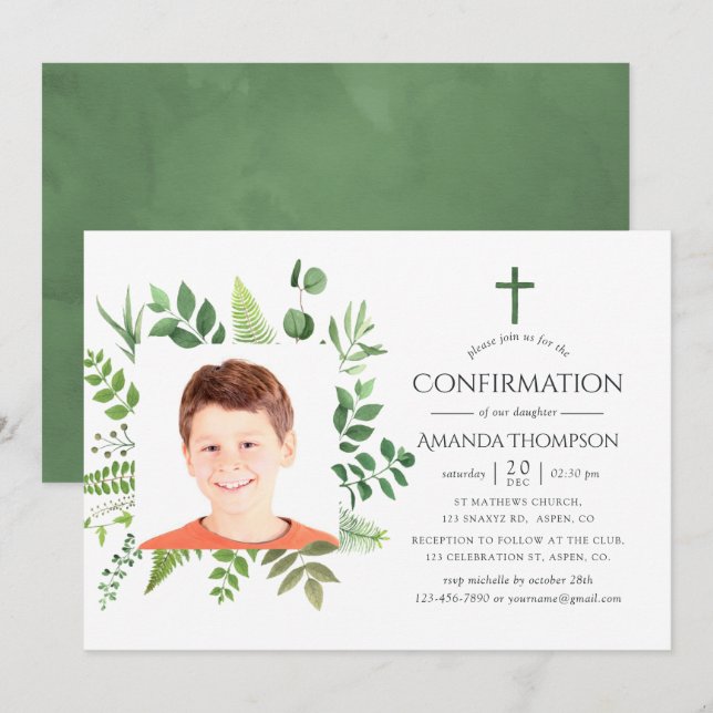 Watercolor Forest Greenery Confirmation Invitation (Front/Back)